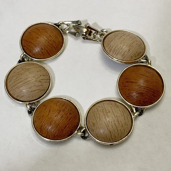 Vintage faux wood grain round link Bracelet lightweight gold MCM mid century - Picture 3 of 9